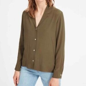 Everlane 4 Clean Notch Silk Olive Button Down Blouse
